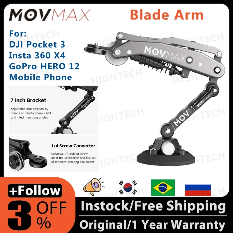 

in stock Vaxis Movmax Blade Arm Hydraulic Adjustable Damping N2 Arm Technology for DJl Pocket 3 Insta 360 X4 GoPro HERO 12