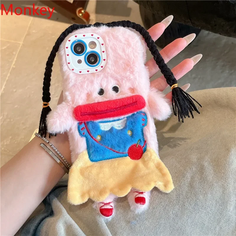 3D Cartoon Braided Girl Silicone Phone Case For iPhone 16 pro 15 Plus 14 13 12 11 Pro Max Cute Warm Fur Sausage Mouth Cover Gift