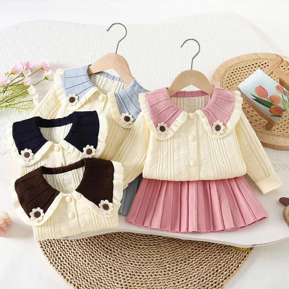 Children's jumper set autumn  winter new female baby reverse collar flowers knitted overskirt fashion jumper two-piece set