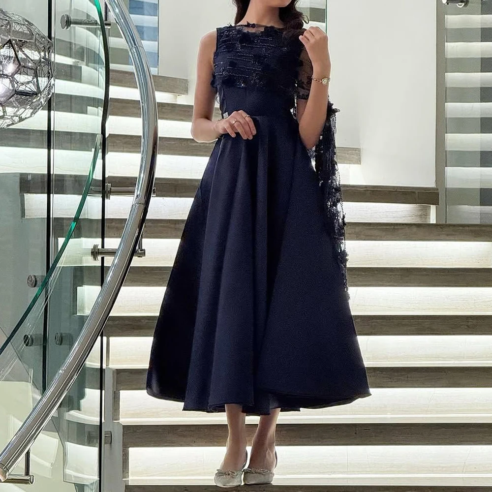 

Customized A-line Evening Dresses Tea-length O-neck Sleeveless Prom Gown Fashion Sequined Flowers Stole Simple Draped Party Gown