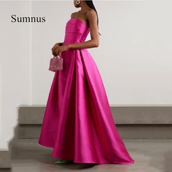 Sumnus Fuschia A-Line Evening Dresses Strapless Satin Prom Gowns Sleeveless Formal Princess Party Dress Saudi Arabia Customized