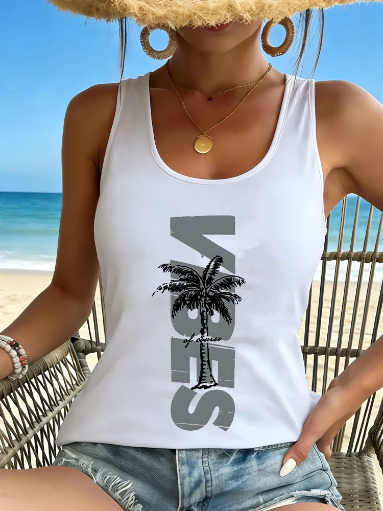 

Summer Vibes Coconut Tree Graphic Print Funny Sleeveless Vests Harajuku Fashion Street Shirts Women's Ocean Beach Tank Tops