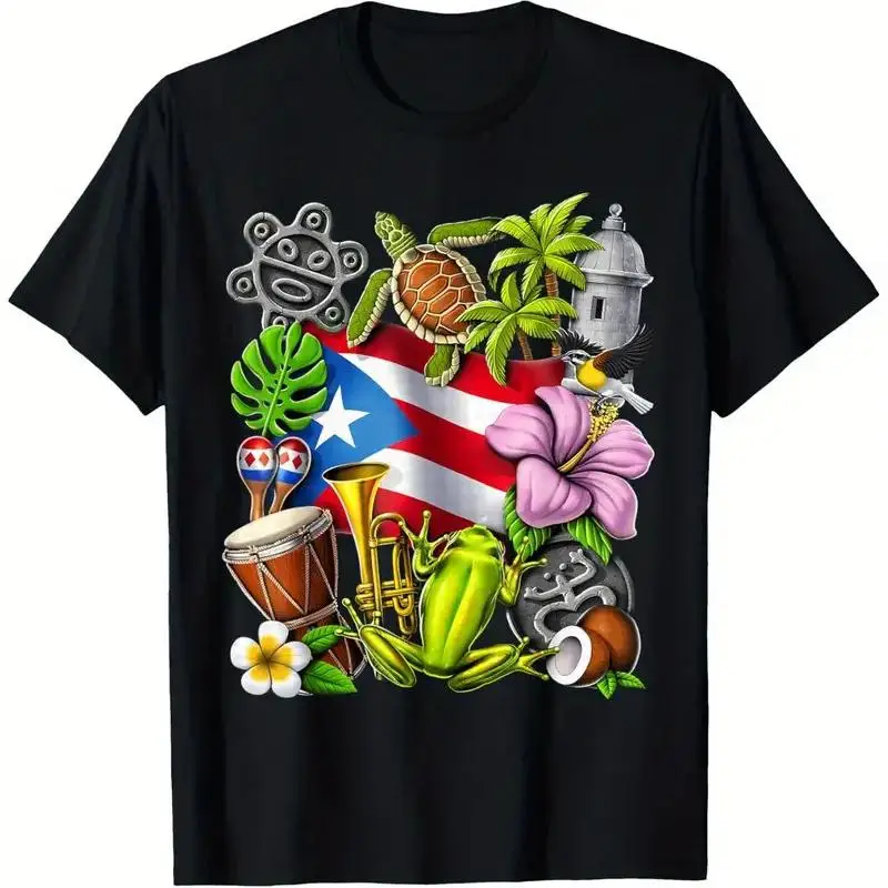 Puerto Rico Boricua Coqui Frog Taino Sun Rican Flag  T shirt Cotto