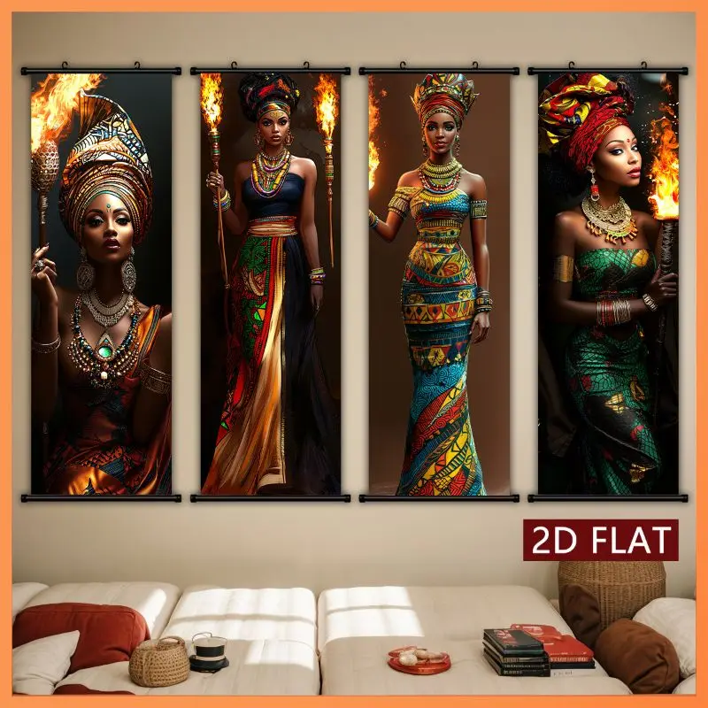 VIKAMA African Woman Torch Wall Tapestry Flame Colorful Dress Gold Jewelry Portrait Oil Painting Scroll Art Home Decor Cozy Room