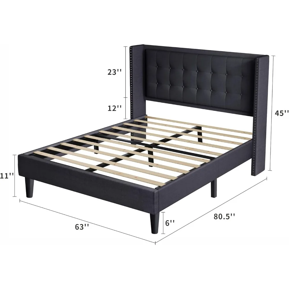 Bed frame, with padded headboard, solid frame and plank support, non slip and noiseless, no spring mattress, easy to assemble