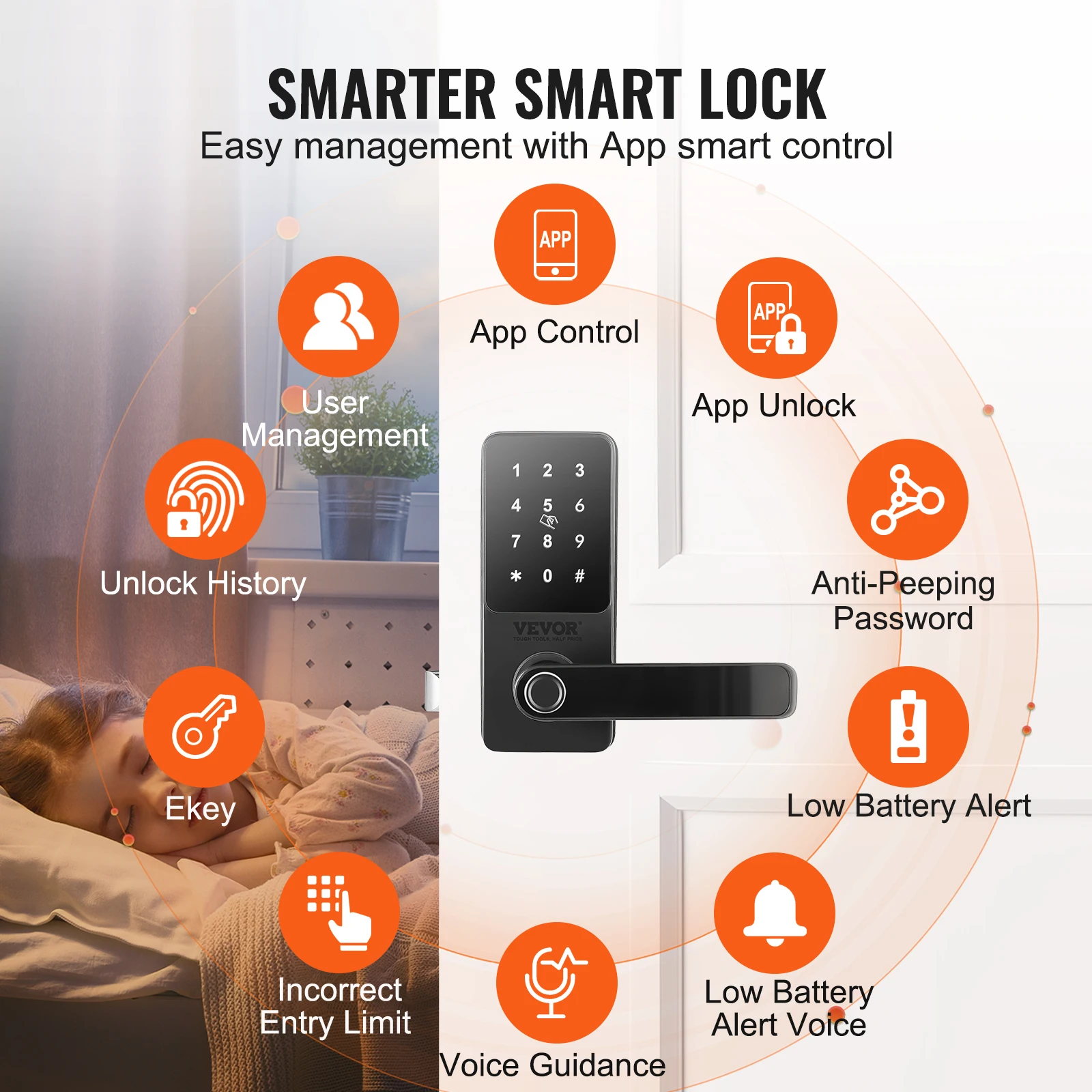 Imagem -03 - Vevor-maçaneta de Porta Inteligente com Impressão Digital Deadbolt Controle de Aplicativos Bluetooth Entrada Keyless Smart Lock em 1