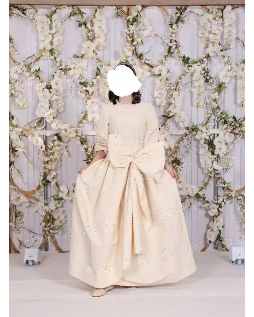 Girls Champagne Satin Dress Stand Collar Half Sleeve Oversized Bow Full Skirt Maxi Gown Kids Flower Girl Wedding Formal