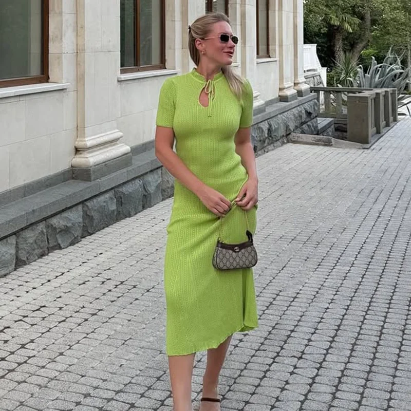 2026 Sommer Strickkleid Damen Kurzarm Figurbetontes Langes Kleid Elegante Strandparty Pulloverkleider Vestidos