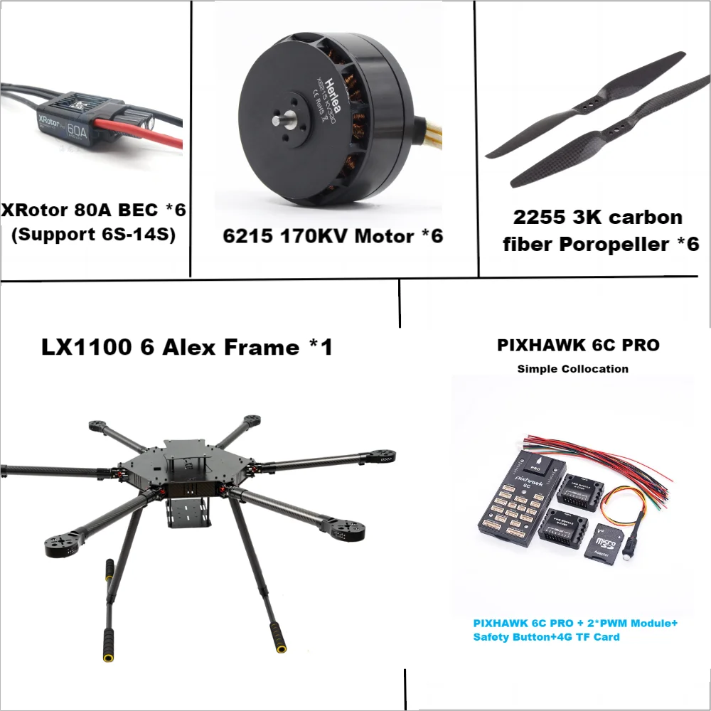 LX1100 6C PRO M8N Full Carbon Fiber 1100mm Hexa-Rotor Frame X-Roter 80A ESC PX4 Pixhawk Flight Control Set 6215 Motor