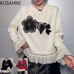 KUSAHIKI 2024 New Fashion Nail Bead Women's Splicing Hoodie Causal Round Neck Long Sleeve Pullover Sweatshirt Tops