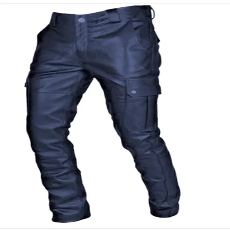 New Europe and The United States Deep Black System Rock Biker Leather Pants Male Casual American PU Trouser Without Belt