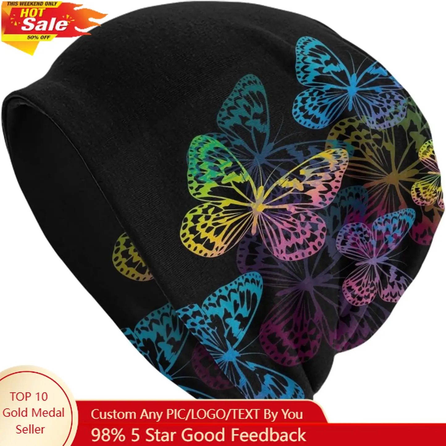 

Colorful Butterfly Beanie Chemo Hat Cancer Headwear Knitted Hats Baggy Slouchy Scarf Cap for Adults Women Men