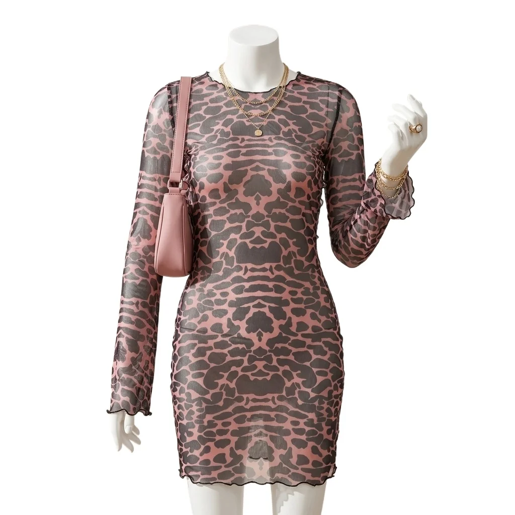 Leopard Print Bodycon Dress Women Backless Flare Sleeve Mesh See Through Night Club Party Short Dresses Vestidos
