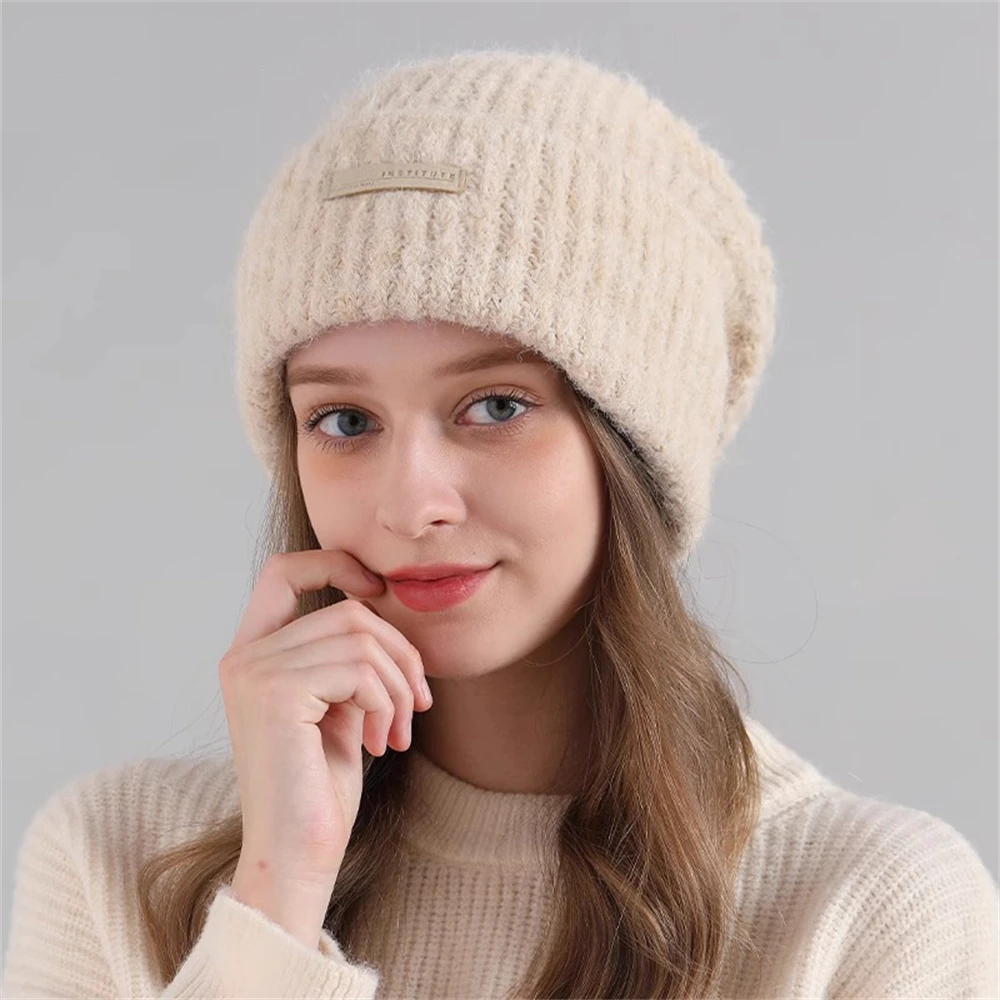 Women's Winter Chunky Rod Woolen Hats Unisex Ear Protection Knitting Hat Big Head Wrap Thickened Warm Cap Clothing Accessories