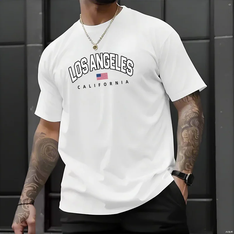 

Running T-shirts Mens Los Angeles Print T-Shirts Summer Casual Round Neck 200gsm 100% Cotton Loose Shorts Sleeve Top Tees