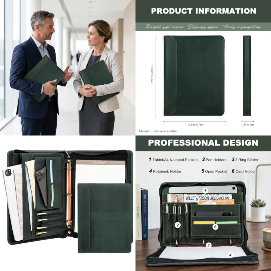 

Genuine Leather Portfolio Binder for Menand Women, Padfolio Organizer with Zipper, Padfolio Folder for iPad Pro 12.9/ Letter Si