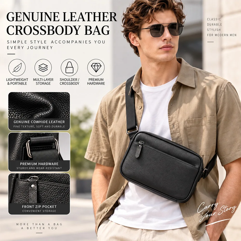 Men's Crossbody Bag Genuine Leather Small Sling Shoulder Pack Head Layer Cowhide Business Vintage Satchel for Tablet