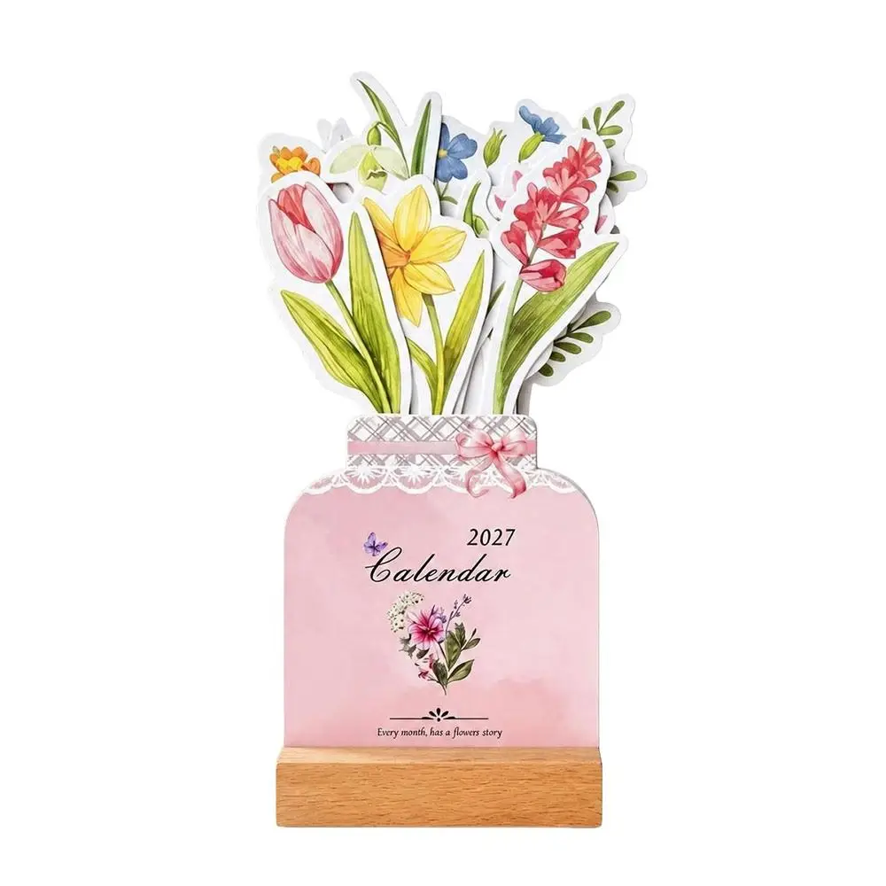 Paper 2027 Desk Calendar Floral Artwork Monthly Wooden Stand Calendar Wooden Base Monthly Desk Calendar Home Office Decorative