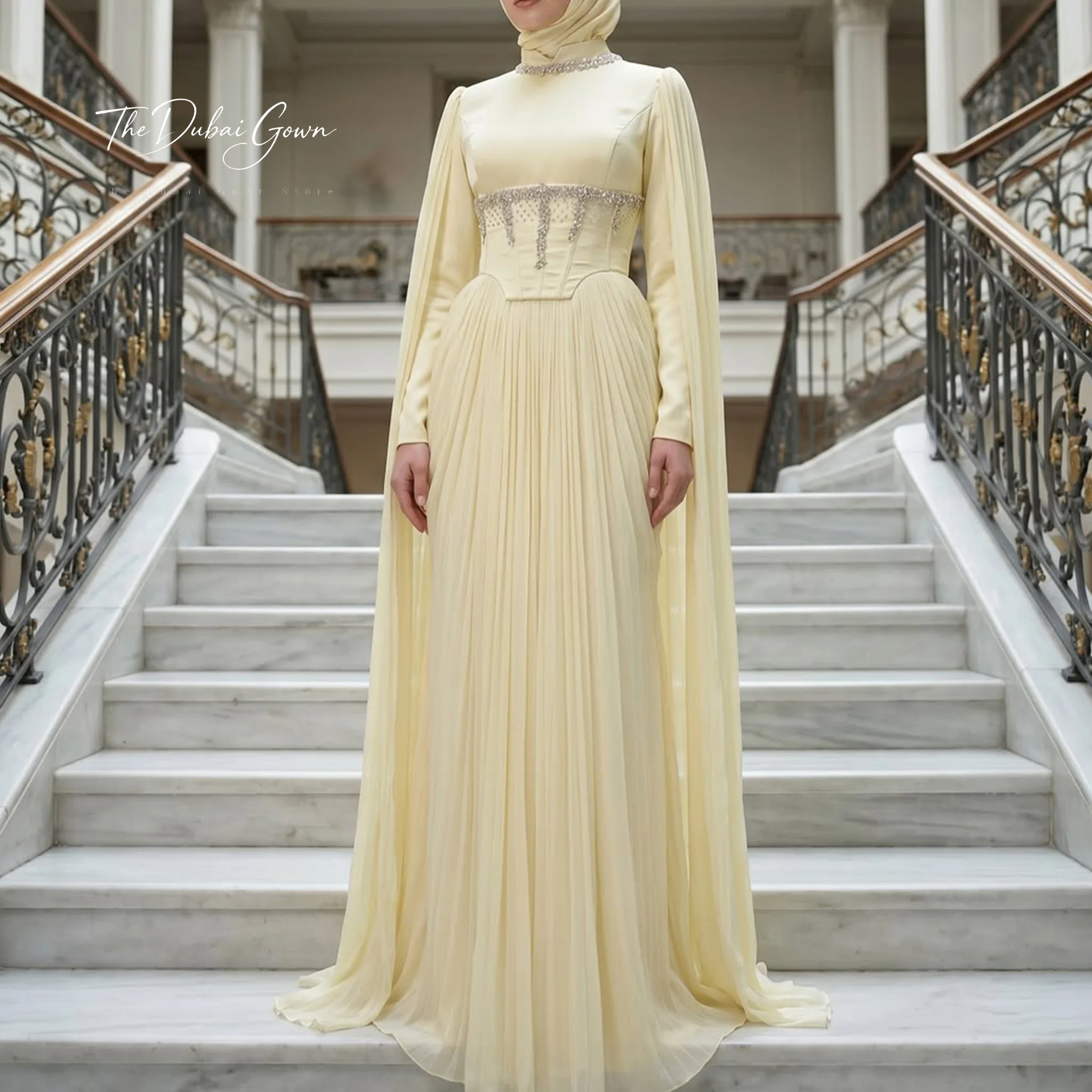 Green chiffon floor-length formal gown featuring a high neck long sleeves and a bodice with beading and internal boning