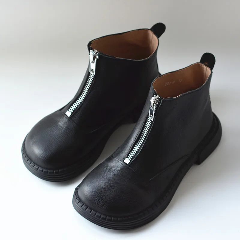 Ankle Boots Designer Women Shoes Round Toe Botas De Mujer Front Zipper Leather Platform Sexy Pump Botties Casual Daily Footwear