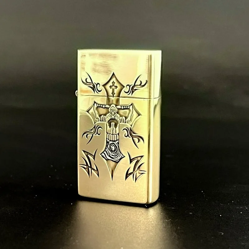 ZORRO 909 Slim Narrow Machine Brass Relief Inlaid Angel Cross Rose Lighter for Women and Men As A Gift Smoking Accessories
