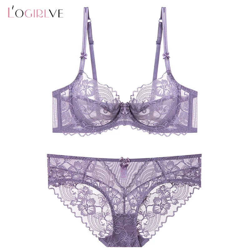 Logirlve Women’s Sexy Breathable Ultra-Thin Push-Up Bra with Lace Panties Set Elegant Underwear for Daily Wear