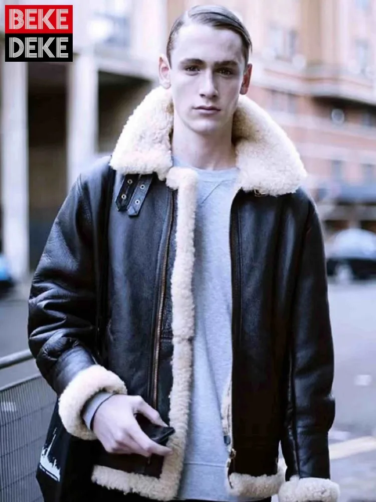 

American Classic Retro Real Fur Mens Jacket Winter Warm Thick Jackets Lapel Wool Lining Coat Genuine Leather Sheepskin Outerwear