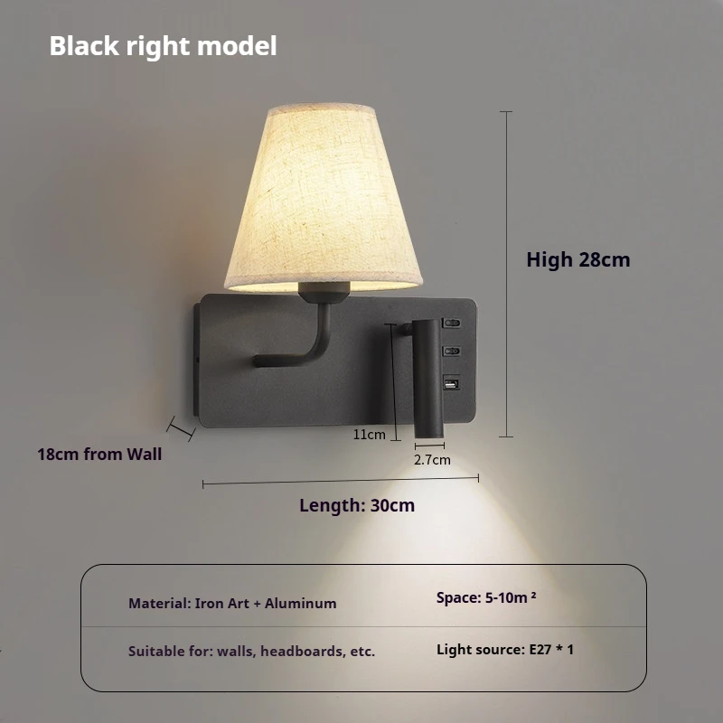 LED Wall Lamp Modern with Touch Switch USB Port Bedside Bedroom Hotel Reading Light Room Decor Indoor Sconce Lighting Fixture image 3