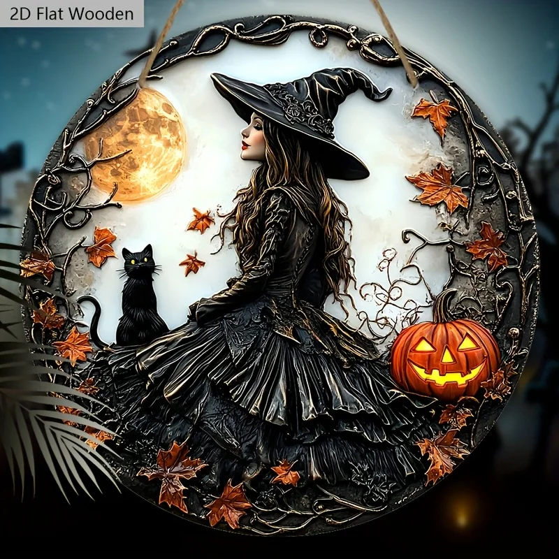 مسطح ثنائي الأبعاد، قطعة واحدة، 7.87 بوصة لافتة خشبية لساحرة الهالوين والقطة السوداء - لافتة عيد الهالوين اليقطين الإرهابية الفريدة للباب الأمامي، معلقة على الحائط #1
