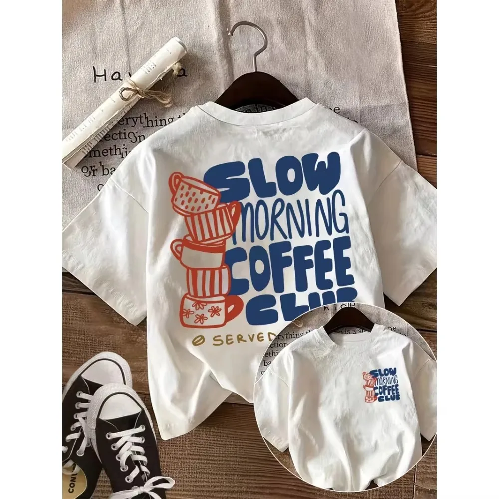 Slow Morning Coffee Club Print T-shirt Stacked Coffee Cups Graphic Short Sleeve Round Neck Casual Top Men Women Daily Streetwear