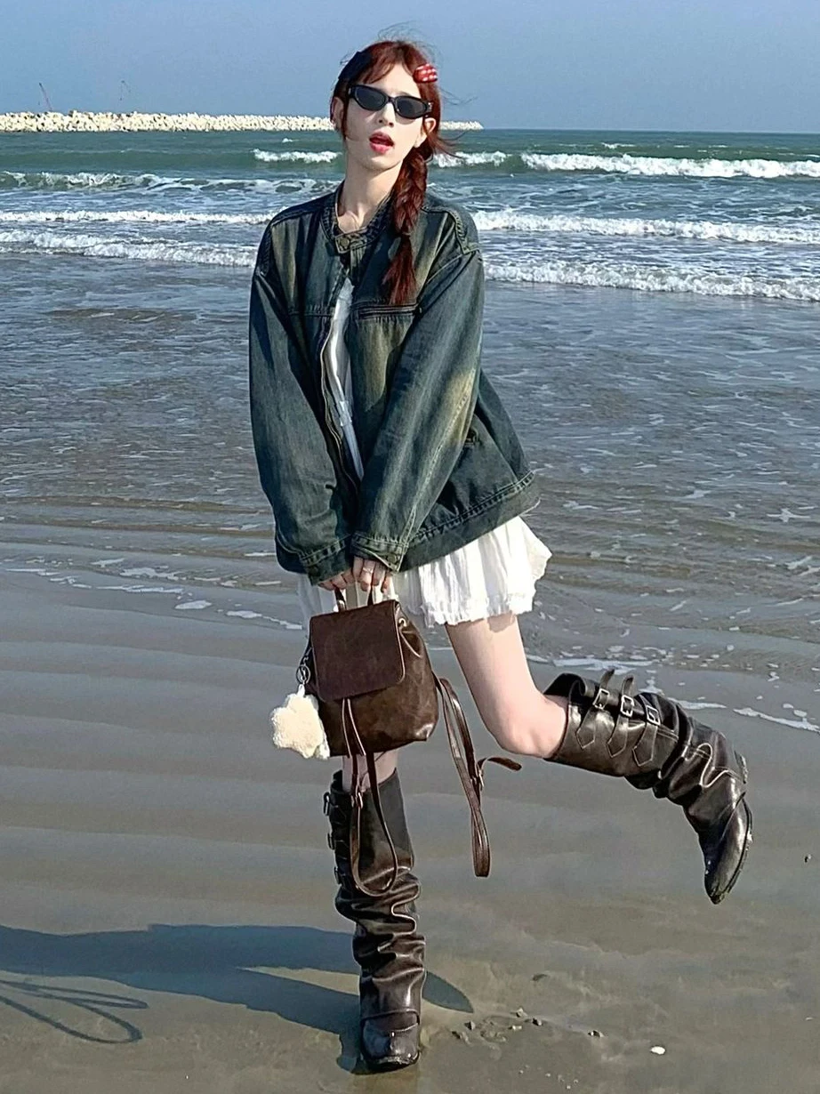 

Осенние женские укороченные куртки Techwear с рукавами в стиле панк, синие повседневные утепленные рукава, корейская универсальная одежда, плотная женская тонкая одежда