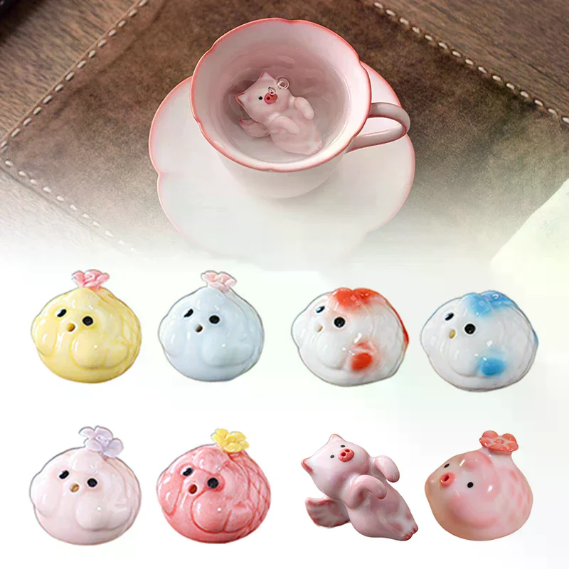 Ceramic Fish Statue Tea Pet Little Fish Spit Bubbles Under Cup Bottom Pink Bubble-Spitting Piggy Ornament Water Cups Decor Gift