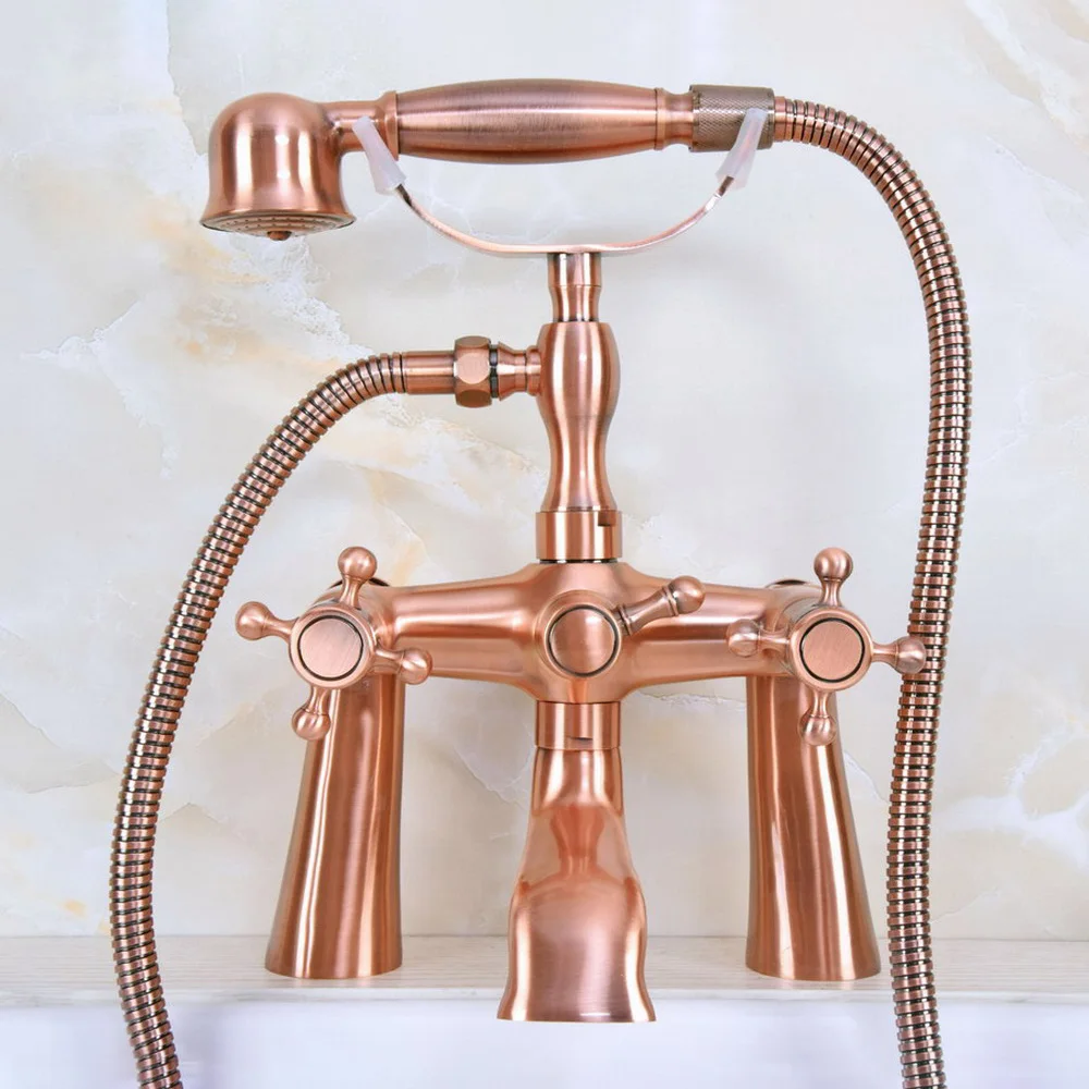 Deck Mount Claw-foot Bathtub Faucet Tub Filler Handheld Shower Antique Red Copper Brass Dual Cross Handles ana159