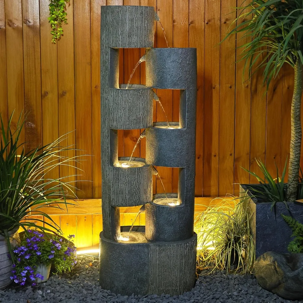 

51 Inch Outdoor Water Fountain with LED Lights Tiered Waterfall Fountain Garden Water Feature Durable Resin Fiberglass