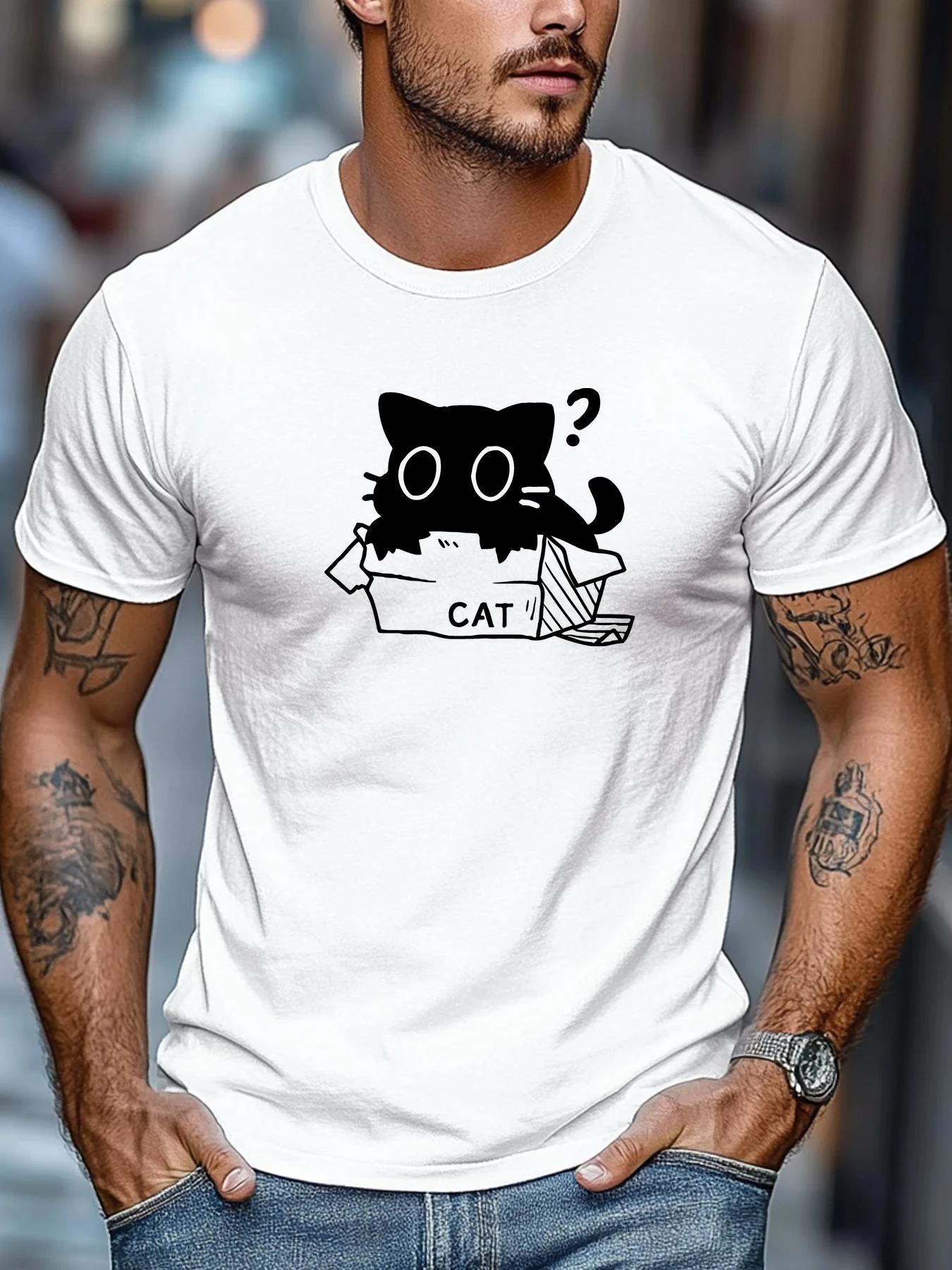 Cartoon Kitty In Box Print Men Short Sleeve Tshirt Black Cat Question O Neck Tee Pet Lover Casual Daily Male Fashion Street Tops