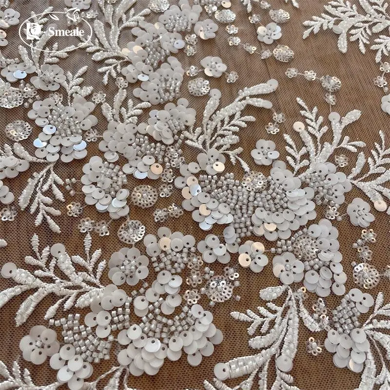 Embroidered Lace Fabric for Wedding Dress Shining, 3D Flowers, Beaded Sequins, Off-White, RS4081