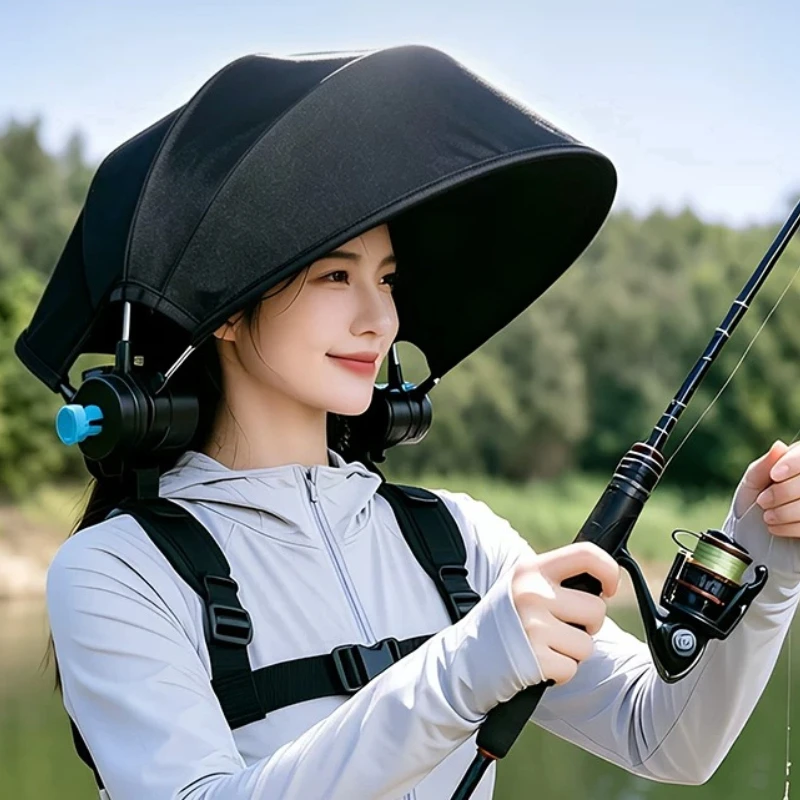 

Wearable Foldable Umbrella Fan, Portable Backpack Sun Shade with 3-Speed Fan, Lightweight Rechargeable Cooling Cap for Outdoor