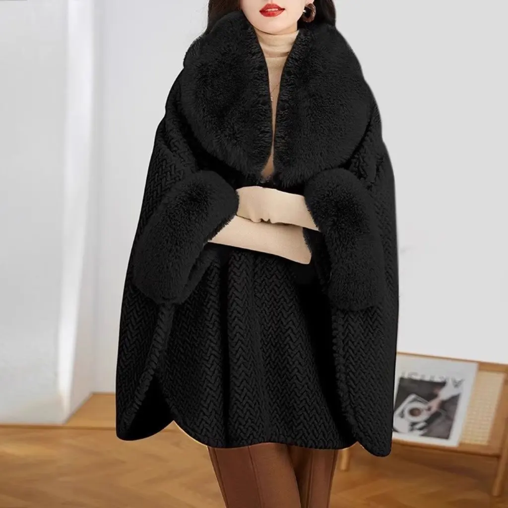 

Women's Korean Style Fleece-Lined Cape Coat with Large Fur Collar Mid-Length Woolen Outerwear for Autumn Winter Fashion