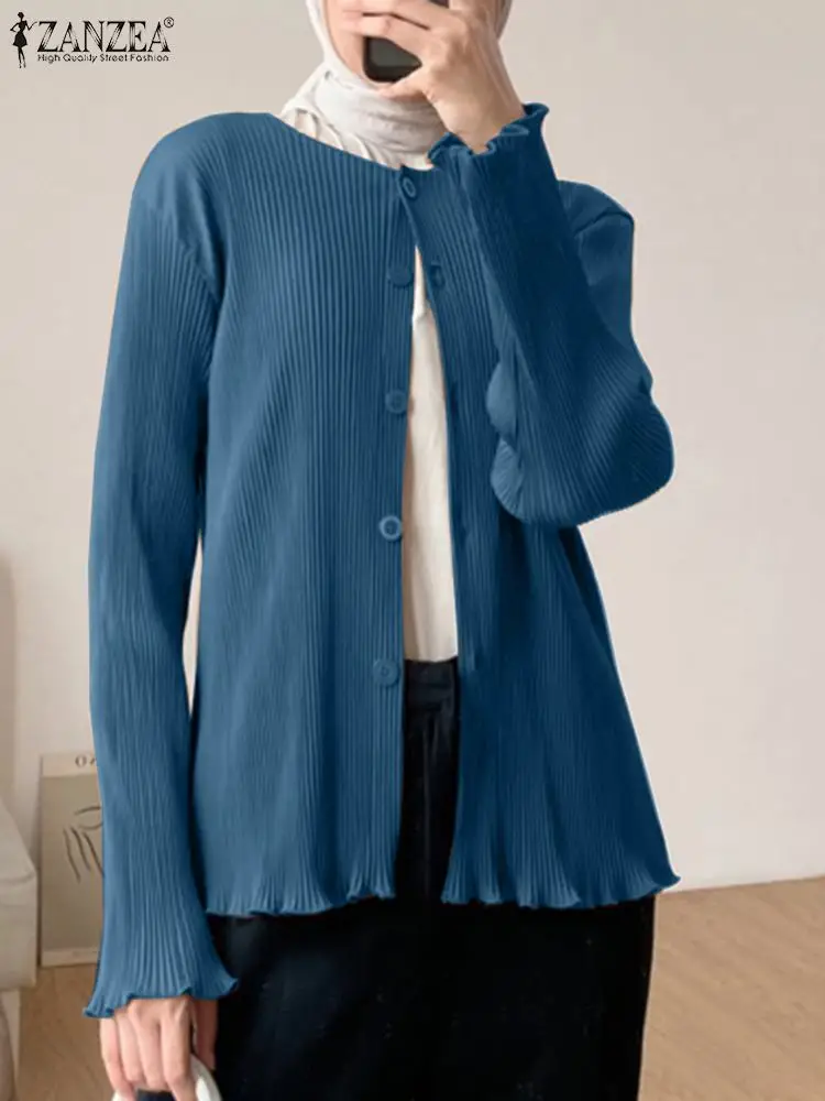 

ZANZEA Fashion Solid Muslim Shirt Woman Long Sleeve O-Neck Blouse Elegant Party Tunic Tops Vintage Pleated Design Blusas Mujer