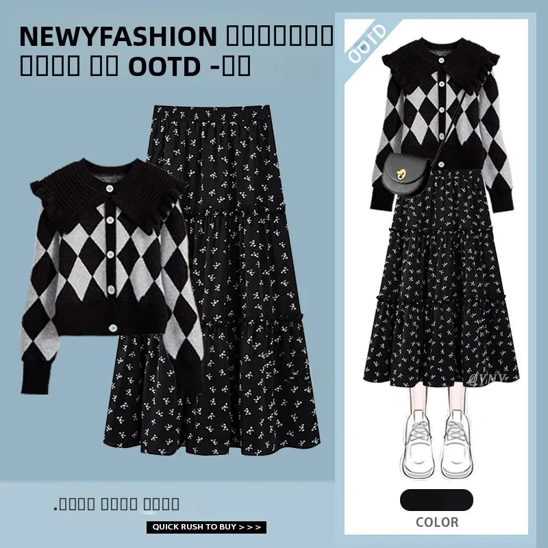 

Ele Doll Collar Long Sve Knitted Sweater High Waist Skirt Two Piece Set for Women Sweet Sle Autumn Winter New A...