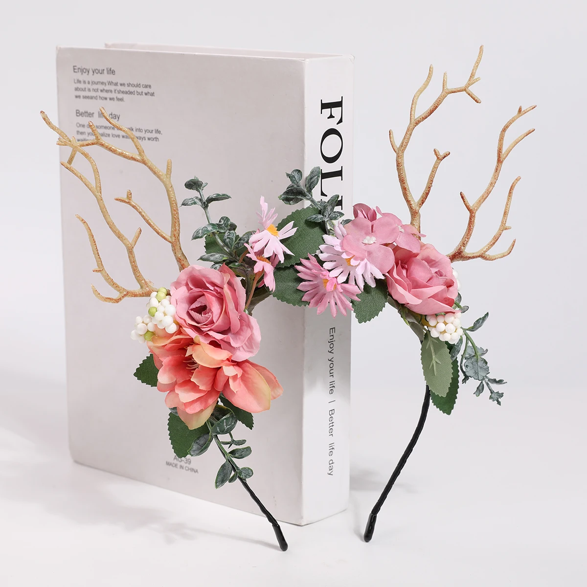Forest-Style Retro Golden Antler Flower Headband, Dreamy Fairy-Like Party Photo Prop, Handmade Artificial Flower Hair Accessory in Mori Girl Style