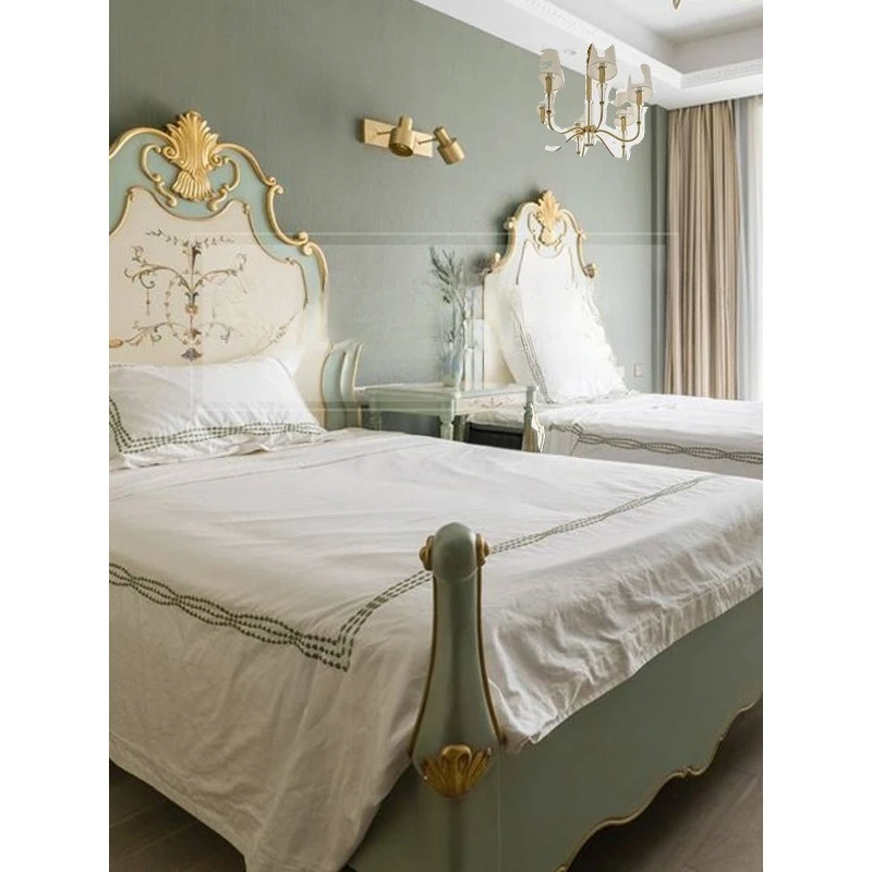 

French children's solid wood bed American art carving painted single bed modern simplicity