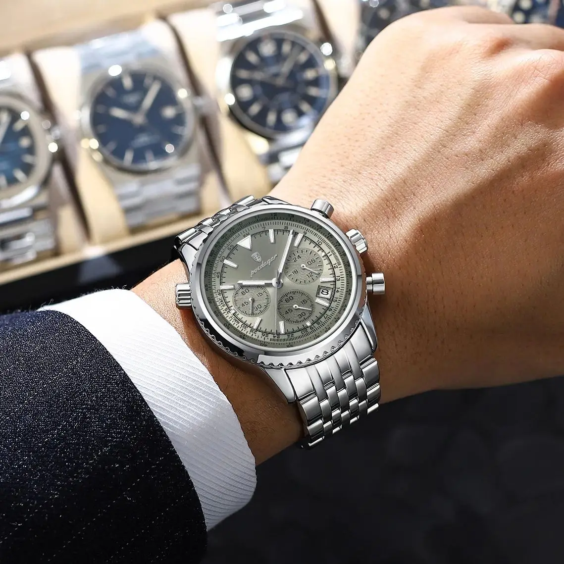 POEDAGAR Jam Tangan Kuarsa Pria Modis Jam Tangan Pria Bercahaya Tahan Air Baja Tahan Karat Jam Tangan Chronograph Tanggal Multifungsi untuk Pria
