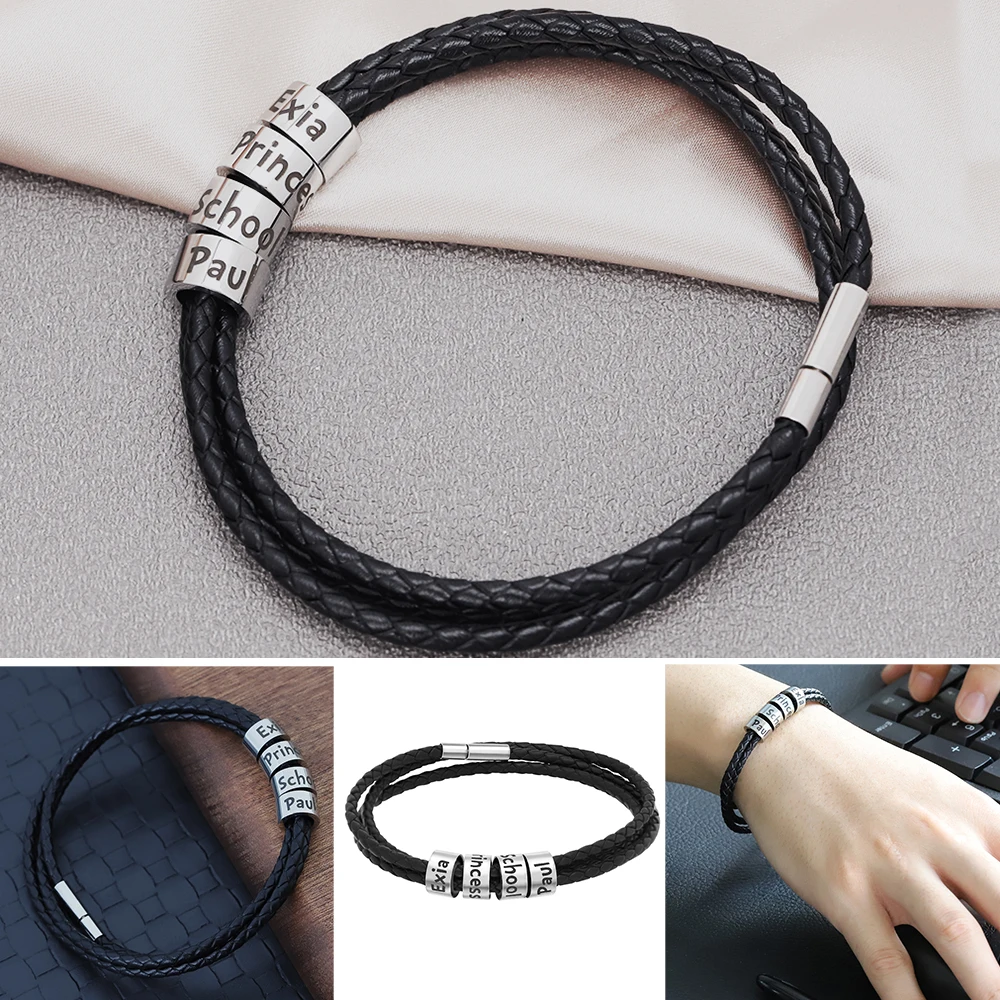 Men Personalized Family Names Braid Leather Bracelet Custom Names Bead Leather Bangle Fashion Gift For Him Father's Day Gift