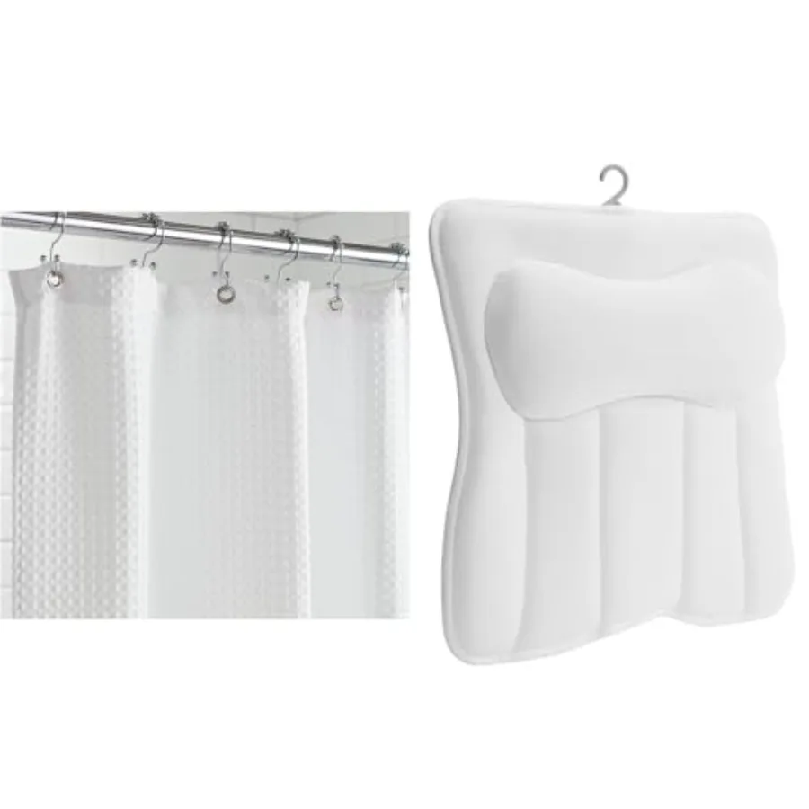 

Shower Curtain 72x72 White and Bath Pillow OneSize White Bundle