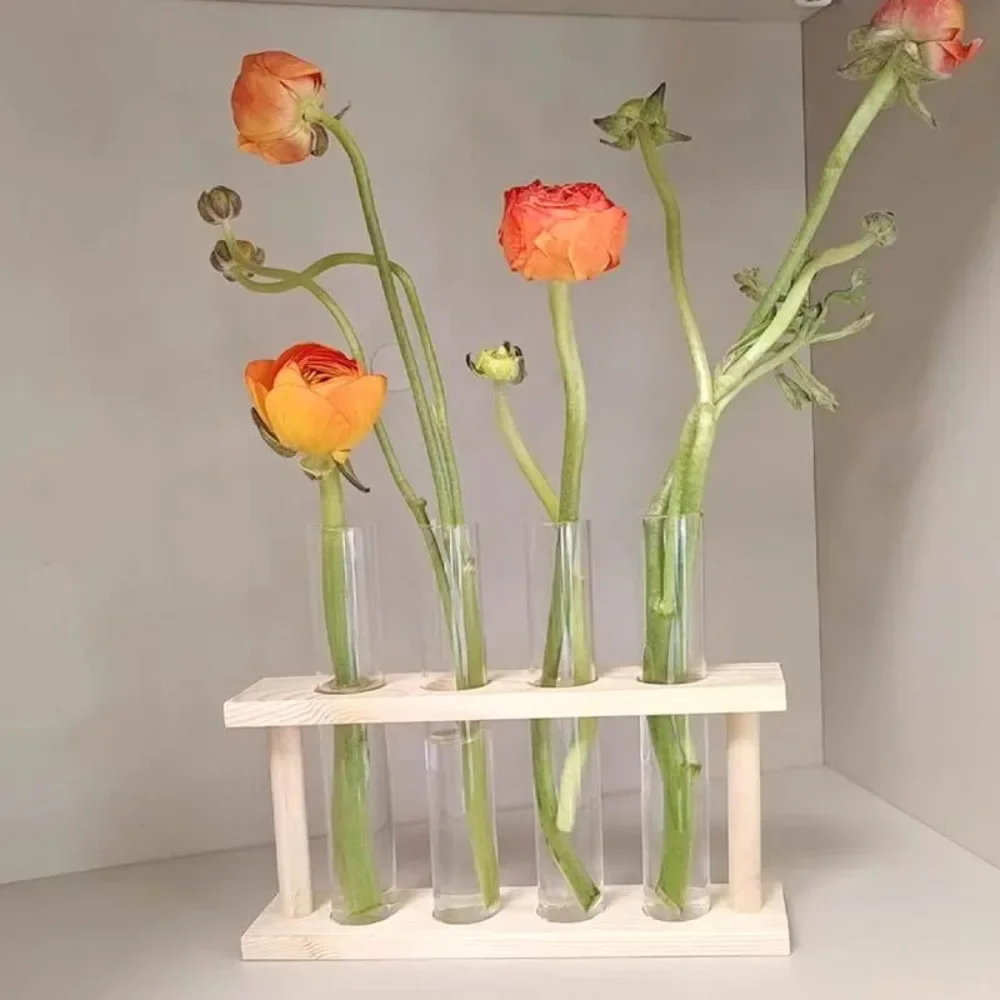 Kreative Retro Transparent Reagenzglas Vase Wasser Pflanzen Halter Holz Rahmen Vase Büro Desktop Dekoration Hause Dekoration