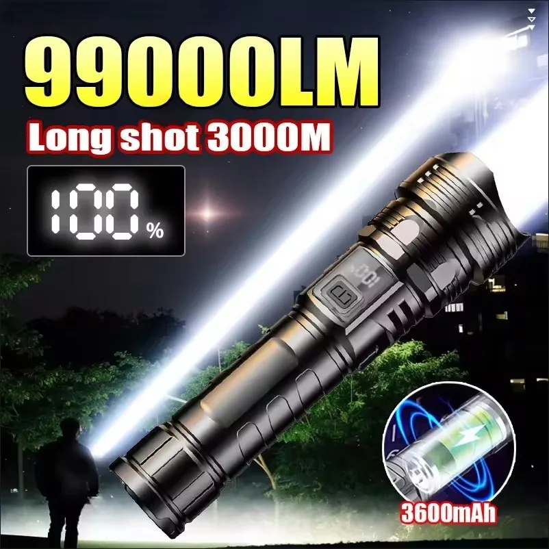 9900LM LED Flashlight Super Bright Rechargeable Portable Ultra Power Torch Lamp Power Display Zoom Lantern For Camping Fishing