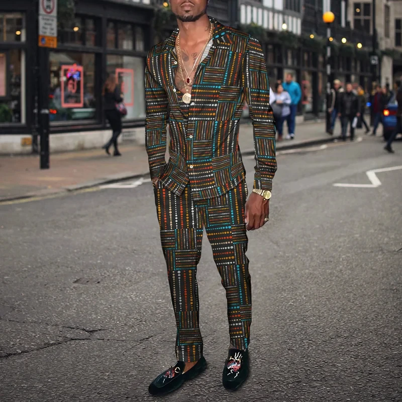 

Мужская одежда в стиле Харадзюку с квадратной сеткой и 3D принтом, спортивный костюм, рубашка с длинными рукавами, длинные брюки, комплекты одежды из 2 предметов