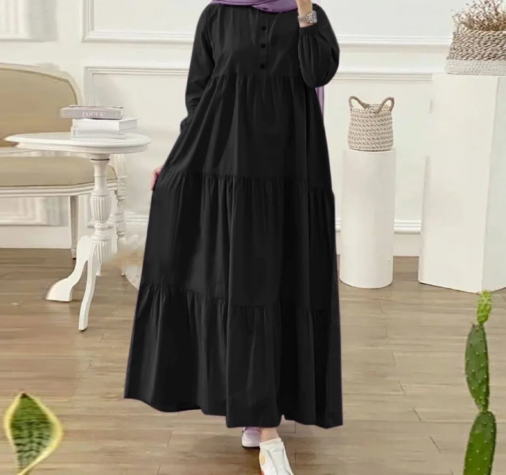 Robe musulmane de dubaï, couleur unie, ample, col décontracté, décorée de boutons, manches longues, en coton et lin, nouvelle mode