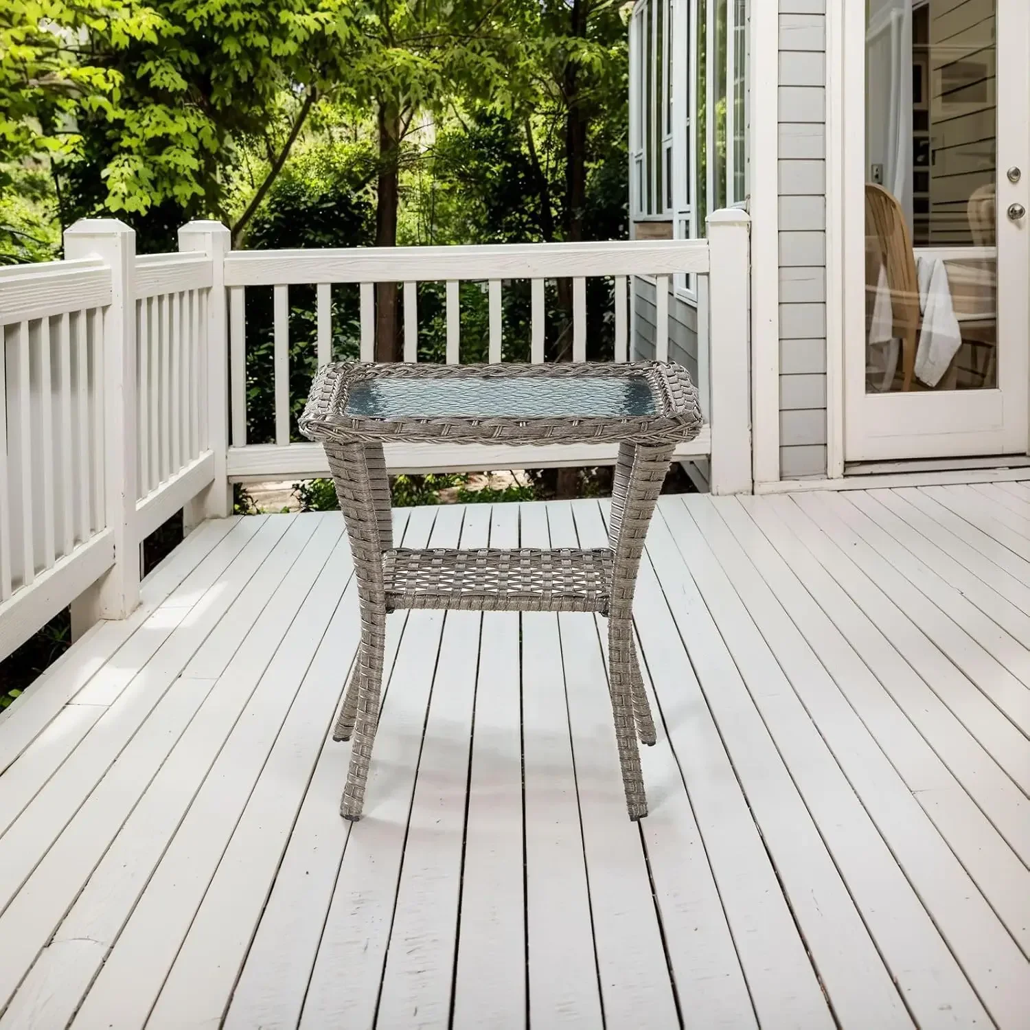 Handwoven Wicker Side Table - 20 Inch Small Outdoor Table 2 Tier Storage with Tempered Glass Top, All Weather Outdoor Patio End
